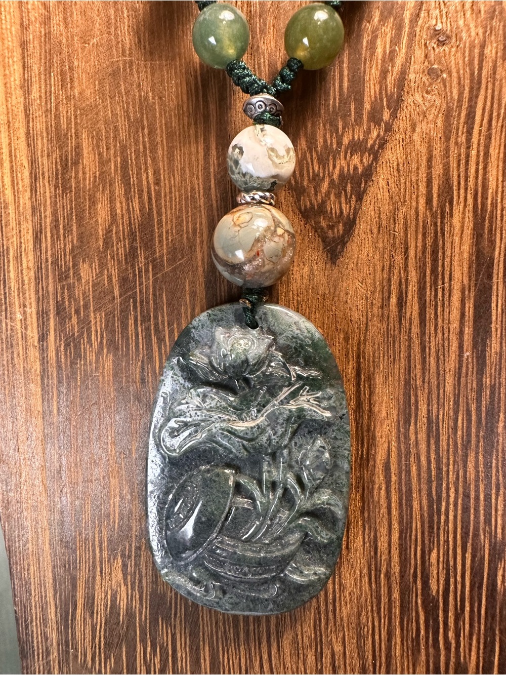 Moss Agate Potted Flower Carving Pendant  Necklace on Colorful Beaded Rope - Picture 9 of 13